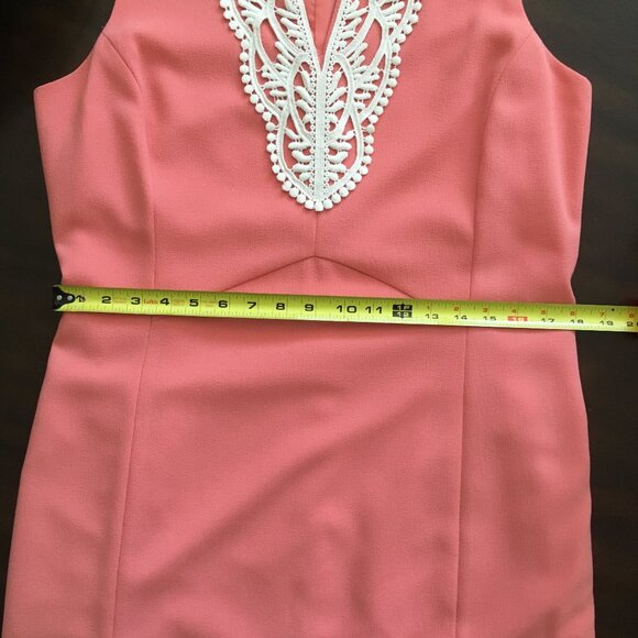 Sharagano Noir Peach Salmon Crochet Lace Collar Sheath Crepe Suit Dress 12 - Picture 5 of 10